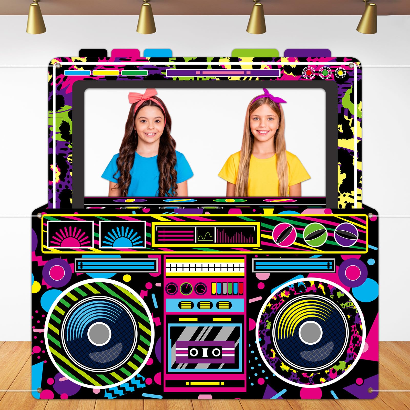 Photo 1 of Radio Boombox Photo Booth Props for 80s 90s Party Decorations 59 X 59 Inch, Neon Radio Boombox Selfie Frame Backdrop Hanging Banner Party Supplies for 90s Boys Girls Hip Hop Music Theme Birthday Decor