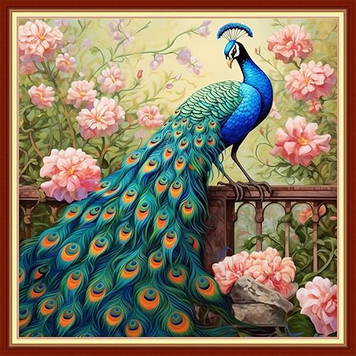 Dimensean Stamped Cross Stitch Kits Full Range of Embroidery Patterns Starter Kits for Beginners Adult or Kids DIY Cross Stitches Needlepoint Kits 11CT-Auspicious Peacock 18x18 inch