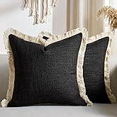 Boho Pillow Covers 18x18 Inch Faux Linen Couch Pillow Covers with Fringe Farmhouse Rustic Decorative Pillows Case Black Square Cushion Covers for Sofa Bedroom Living Room Home Decor Set of 2