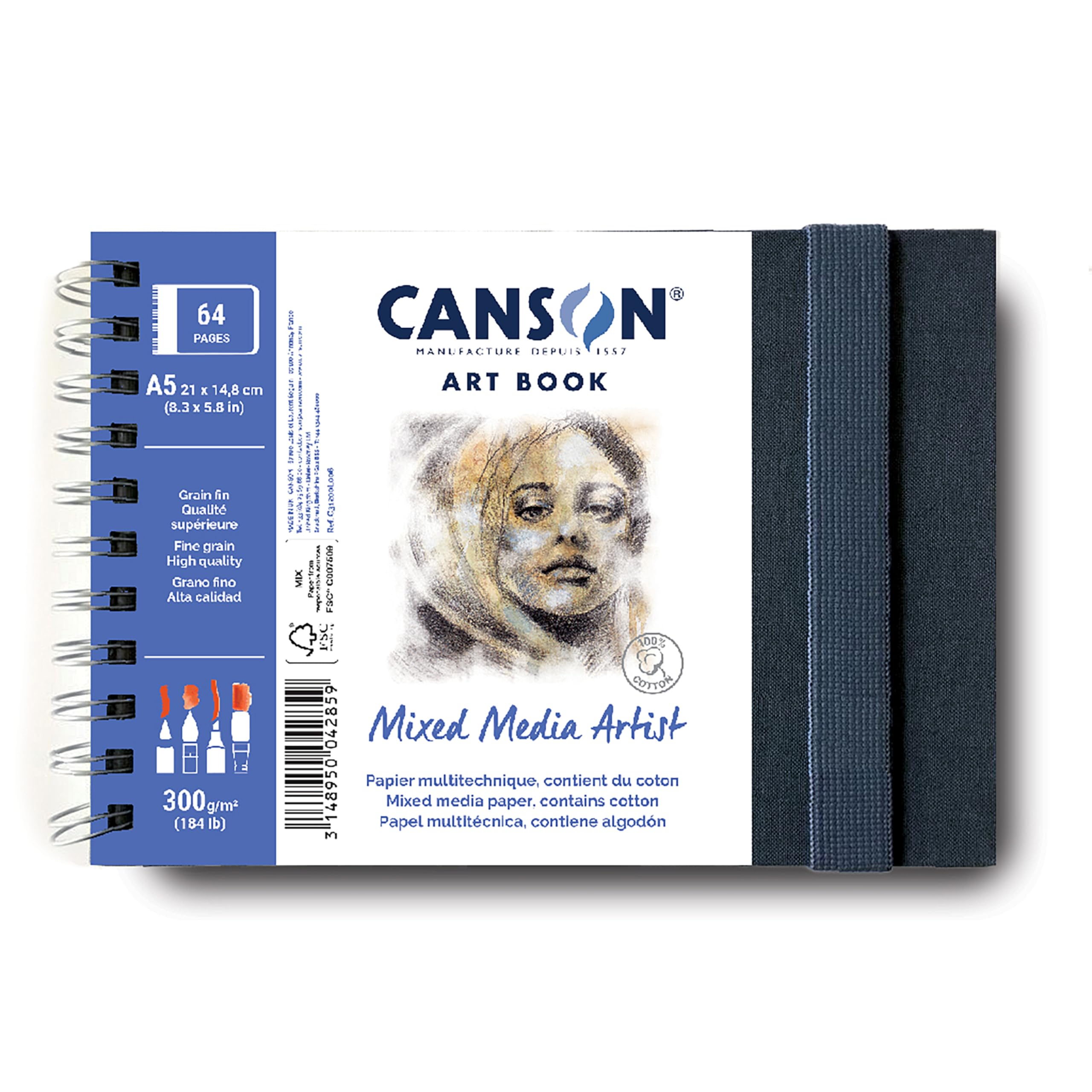 CANSON Professional Art Book, Fine Grain Mixed Media Paper, 300gsm, A5 Spiral Landscape Notebook, 28 White Sheets, For Professional Artists & Students