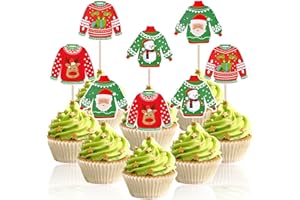 GISTOME 32 Pcs Christmas Ugly Sweater Cupcake Toppers – Festive Holiday Cake Decorations with Santa, Snowman, Reindeer, and Gift Designs – Cute Cupcake Picks for Winter Party, Classroom, or Family Gathering