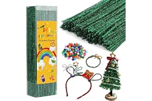 IUUIDU 300PCS Pipe Cleaners Chenille Stem, Glitter Green Pipe Cleaners Craft Supplies, Fuzzy Sticks Pipe Cleaner Brush with 100PCS Glitter Pom Poms for DIY Art Creative Craft Christmas Decorations