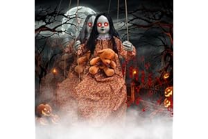 AXCOIX Scary Halloween Decorations Outdoor Hanging Swinging Doll Girl with Sound & Slap Activated, Light Up Eyes Creepy Sound Expressions, Large Scary Halloween Decor Props for Indoor Outside