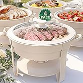 6QT Round Chafing Dish Set of 4, White Granite Finish Stainless Steel with Transparent Lids – Elegant Buffet Servers & Warmers, Stackable Storage | Wedding, Catering, Party