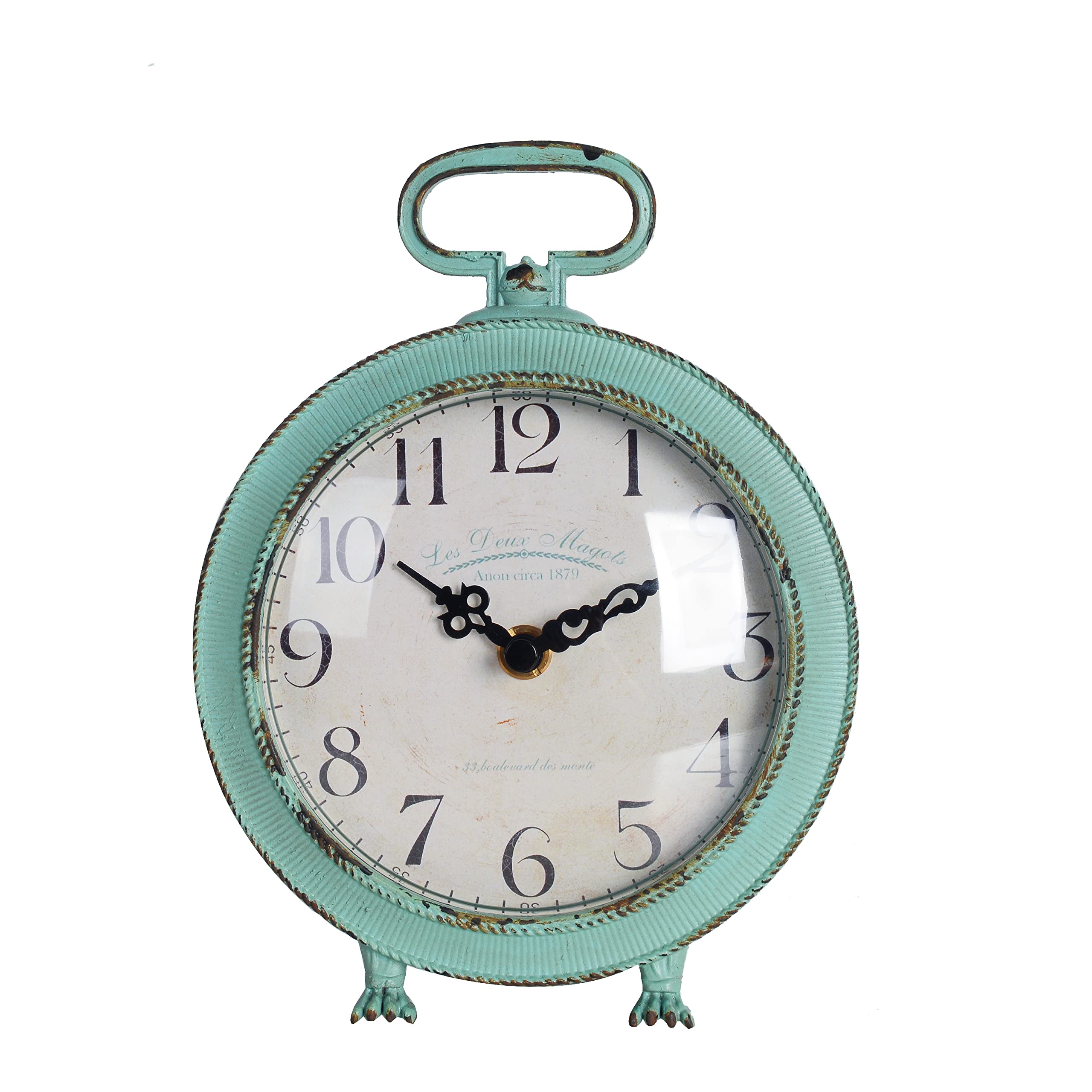 NIKKY HOME Table Clock Vintage Metal Round Desk Clock with Handle and Dragon Feet Stand for Home Living Room Bedroom Decor 5.6'' by 2.2'' by 7.5'', Distressed Aqua Blue