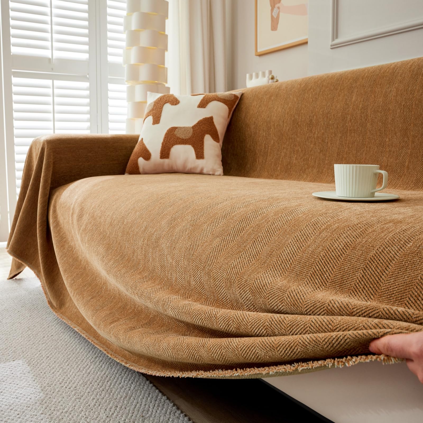 TAOTAOGO Sofa Cover 2 3 Seater Herringbone Chenille Corner Sofa Slipcover Washable L Shape Sofa Covers Sectional Couch Cover with Tassel Furniture Protector Loveseat Futon Cover B Orange 180x300cm