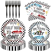 80pcs Vintage Race Car Half Way to First Birthday Party Plates, 6 Months Plates Napkins Tableware Kit for Baby Boys Racing Car Theme 1/2 Way to One Birthday Party Supplies Decorations