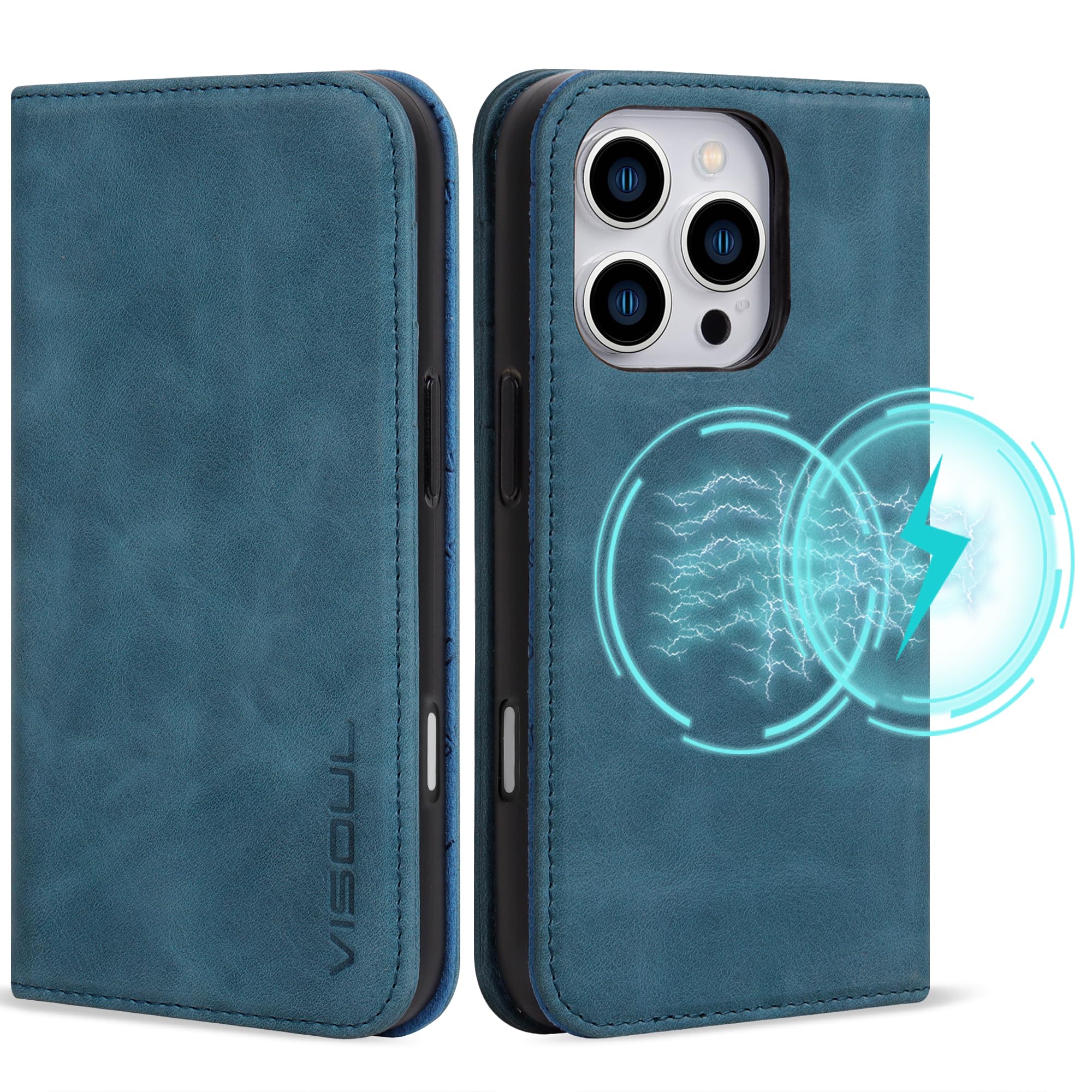 VISOUL Oil Waxed Genuine Leather Wallet Case Compatible with iPhone 16 6.9-inch 5G 2024 with Wireless Charging, 4 Card Slot, Kickstand, Magnetic Flip Cover, Shockproof TPU Shell-Blue