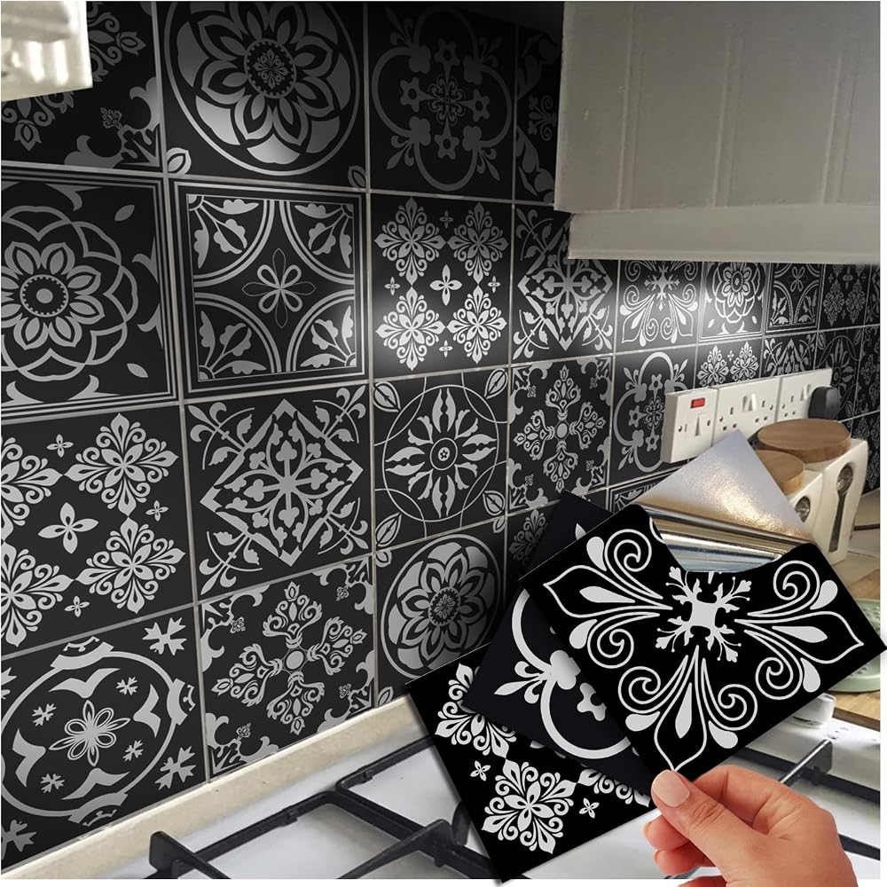 Tile Style Decals 48x 15x15cm Black Victorian Moroccan Mosaic Tile Stickers