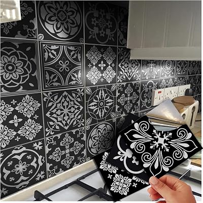 Tile Style Decals 48x 15x15cm Black Victorian Moroccan Mosaic Tile Stickers