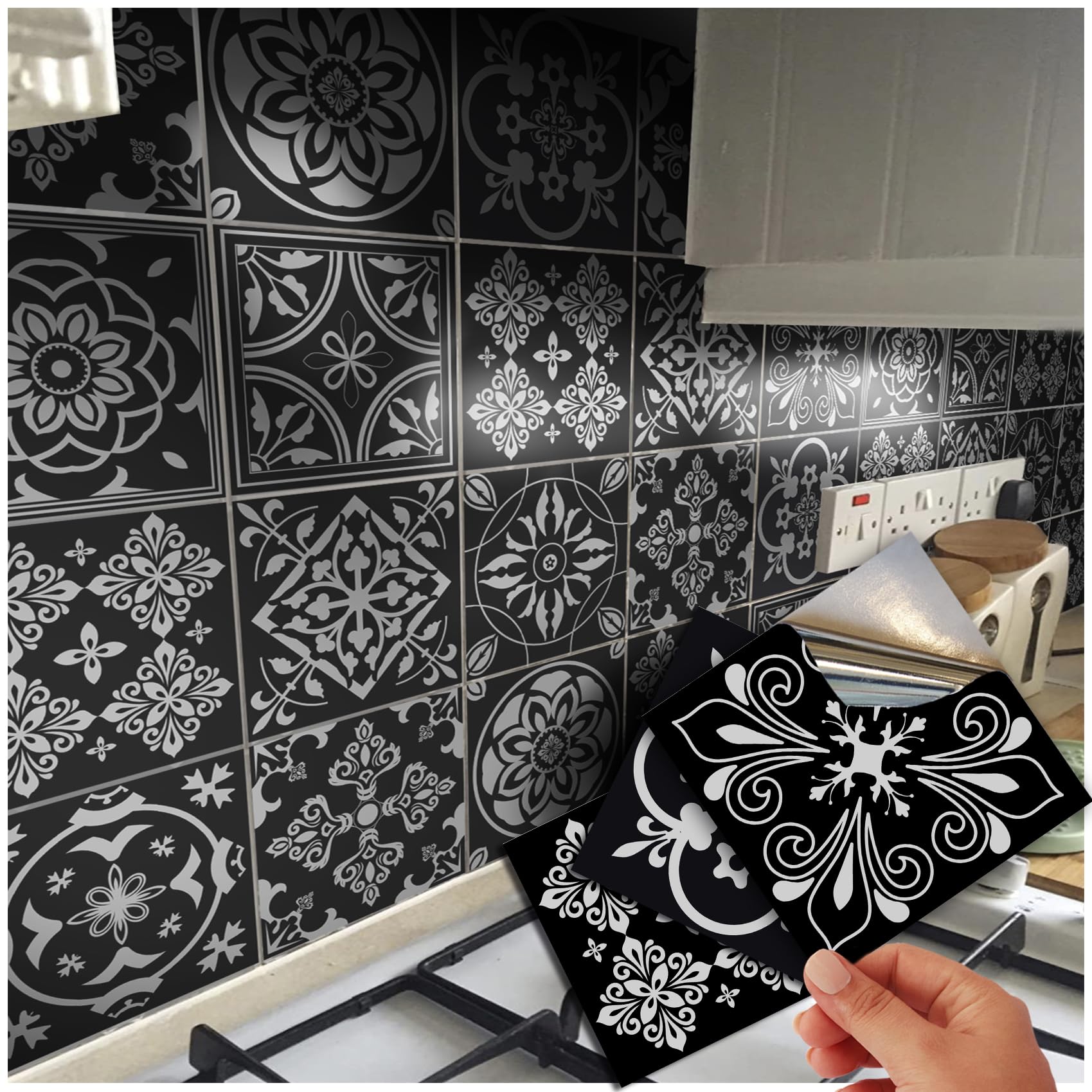 48 Black Tile Stickers Victorian Moroccan Mosaic Style Tile Stickers Transfers Cover for 6x6 15 x 15cm Tile Kitchen Bathroom Stick On Wall Peel and Stick Tile Decals