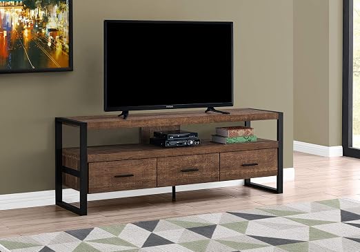 Amazon Com Monarch Specialties Tv Stand Console With 3 Drawers And Shelves Industrial Modern Style Entertainment Center With Metal Legs 60 L Brown Reclaimed Wood Look Furniture Decor