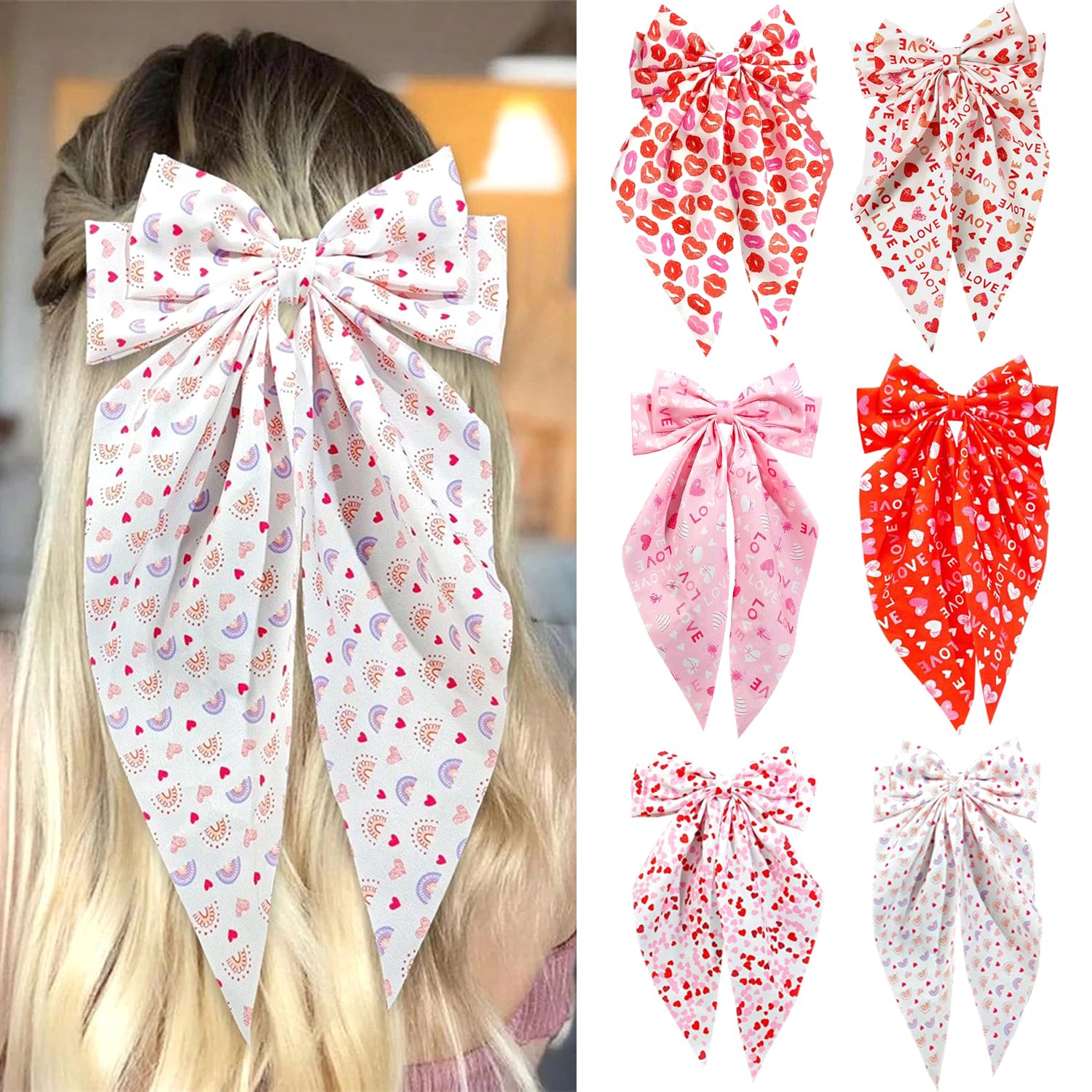 Photo 1 of 6Pcs Valentines Hair Clips Large Bow Hairpins Heart Design Barrettes Lip Print Pattern Claws Clips Rainbow Hair Clip Ribbon Bows Hair Pin French Long Tail Ponytail Hair for Women Hair Decor Accessory