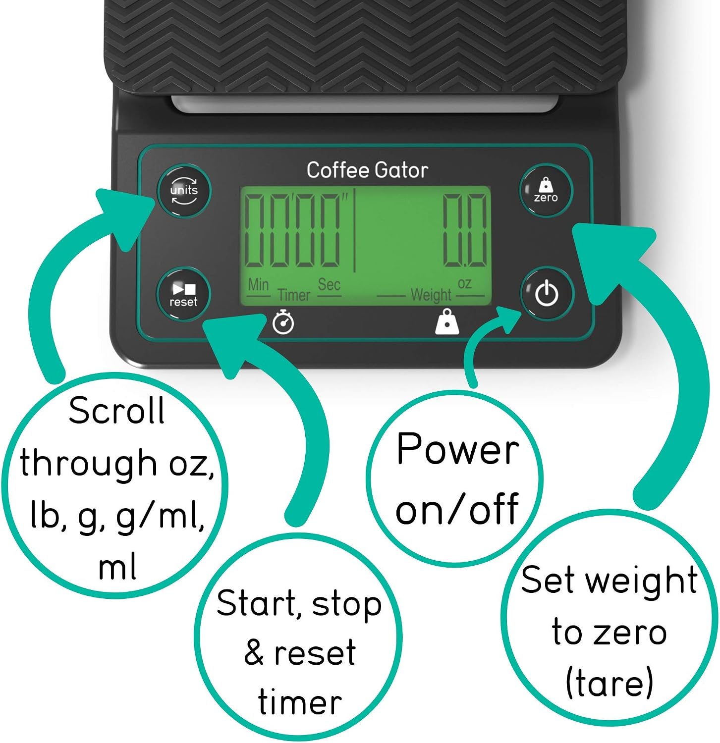 Coffee Gator Digital Coffee Scale with Timer, Waterproof & Anti-Slip Kitchen Weighing Scale, 3 KG/ 0.1 g High Precision - Image 3