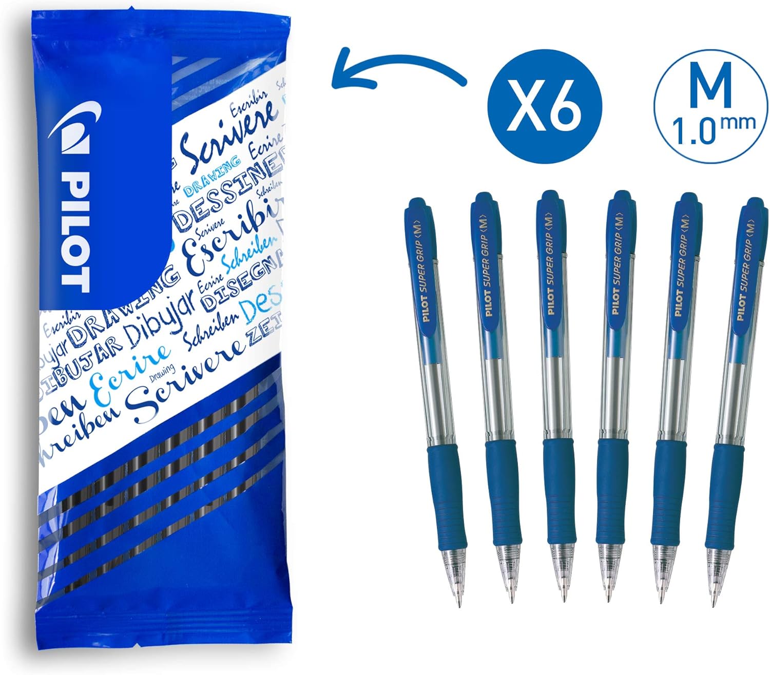 PILOT Super Grip Ballpoint Pen Set of 6 in M (Blue), 6 count (Pack of 1)