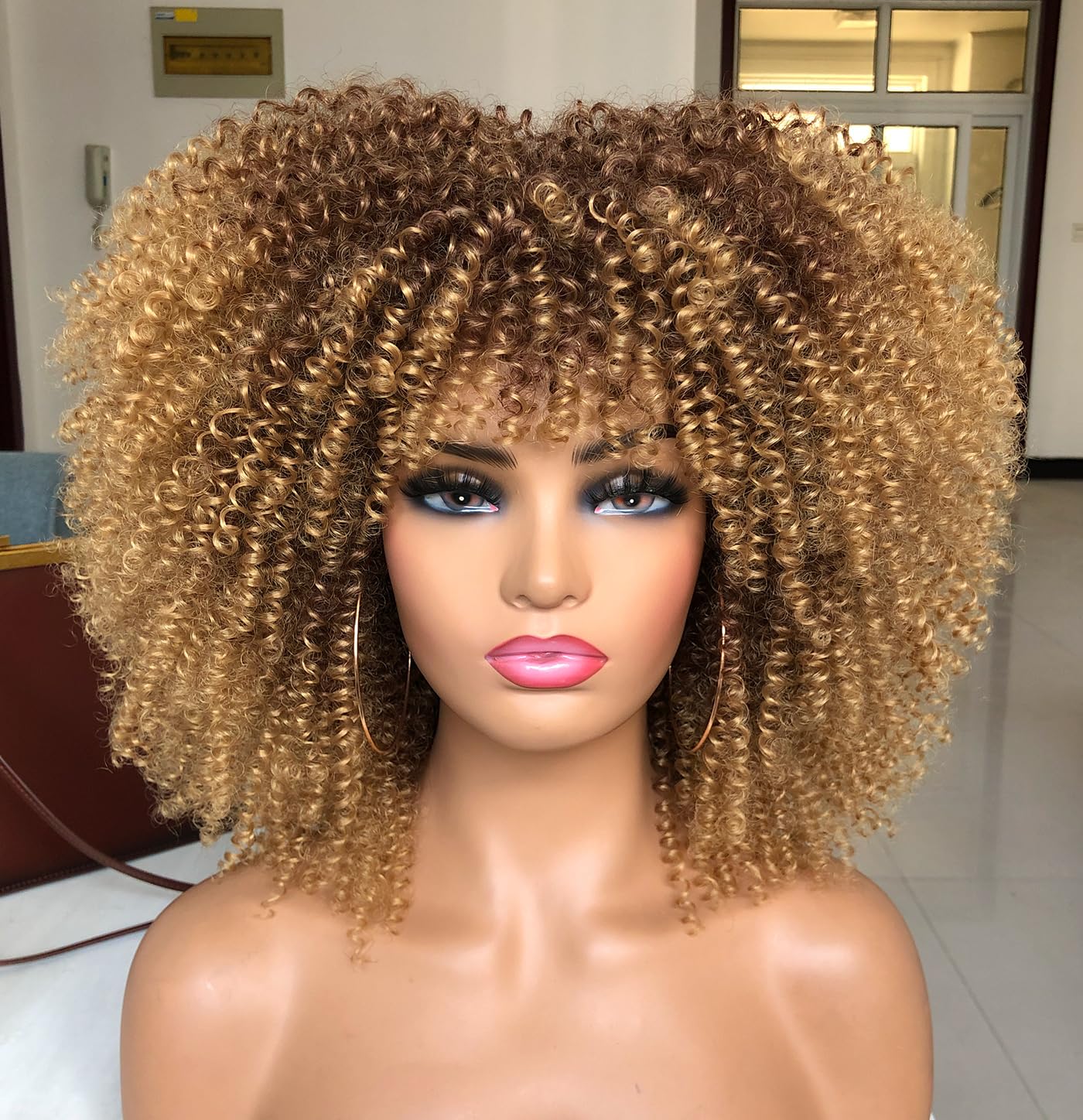 ISAMY 14inch Afro Bomb Curly Wigs for Black Women Short Afro Kinky Curly Wig with Bangs Full Curly Wig (Ombre Blonde) โ image 1