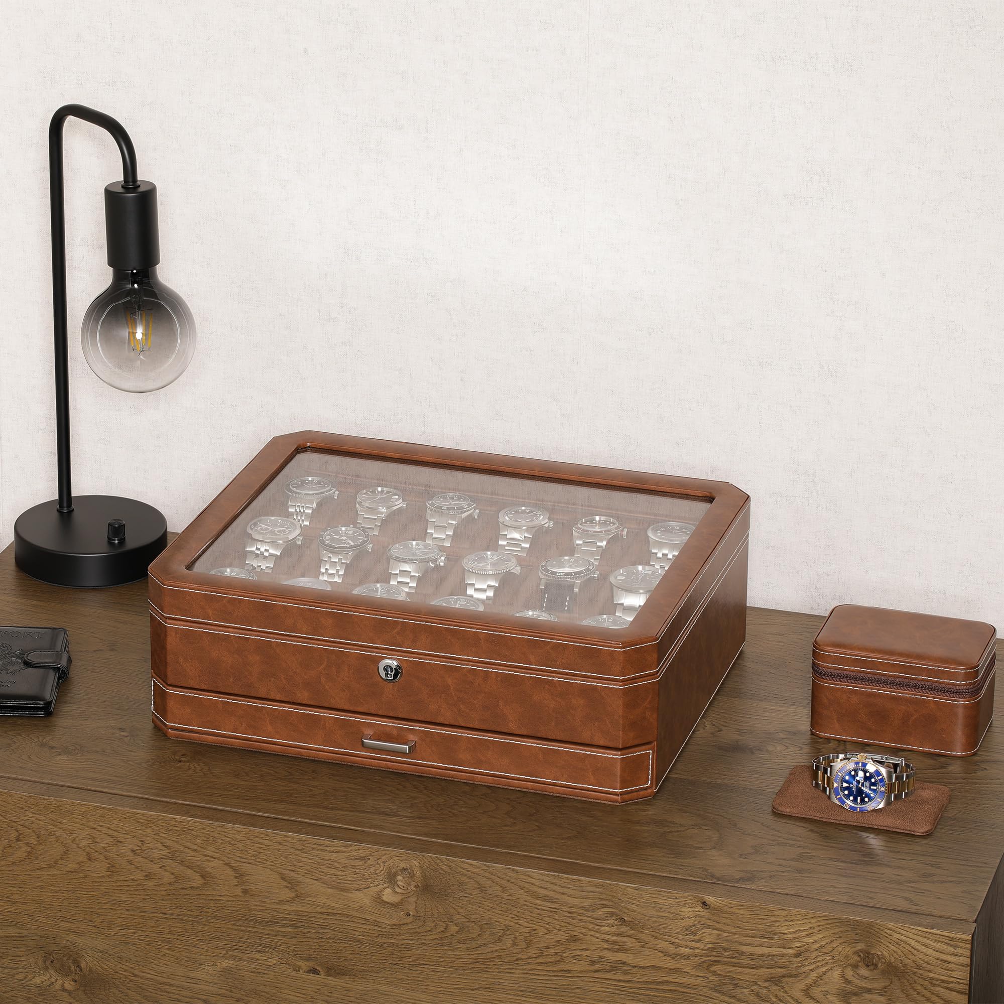 ROTHWELL ROTHWELL 18-Slot Watch Case with Drawer – Luxury Watch Box for Men, Real Glass Top, Lockable, Display Case for Collections (Tan/Brown)