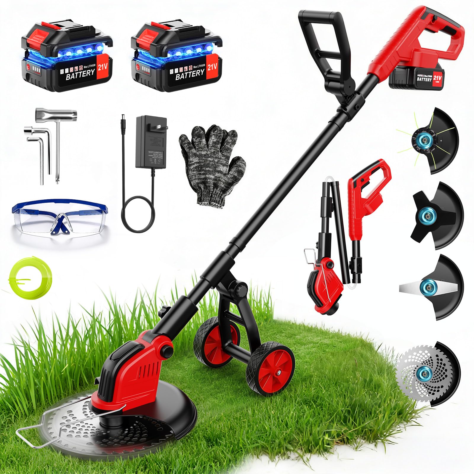 Photo 1 of Electric  Wacker with Wheels, 12-Inch 2x3.0Ah 21V Battery Powered Weed Eater, Cordless Lawn Mower with 4 Types Blades, 800W Brushless Brush Cutter, 20000RPM Grass Trimmer for Garden Yard