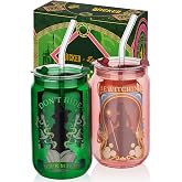 Dragon Glassware x Wicked Glass Cups with Straw, 16 oz Set of 2 - Enchanted | Drinking Glasses with Lids &amp; Straws; Glass Tumblers for Hot &amp; Cold Drinks; Official Wicked Merch