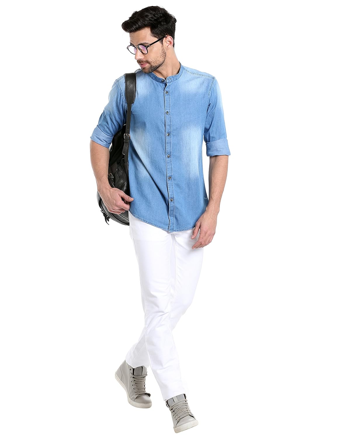 dennis lingo men's denim light blue solid casual shirt