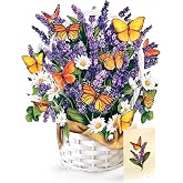 Freshcut Paper Pop Up Cards, Lavender &amp; Butterflies, 12 Inch Life Sized Forever Flower Bouquet 3D Popup Greeting Card, Birthday &amp; Thank You Card, Blank Notecard &amp; Envelope