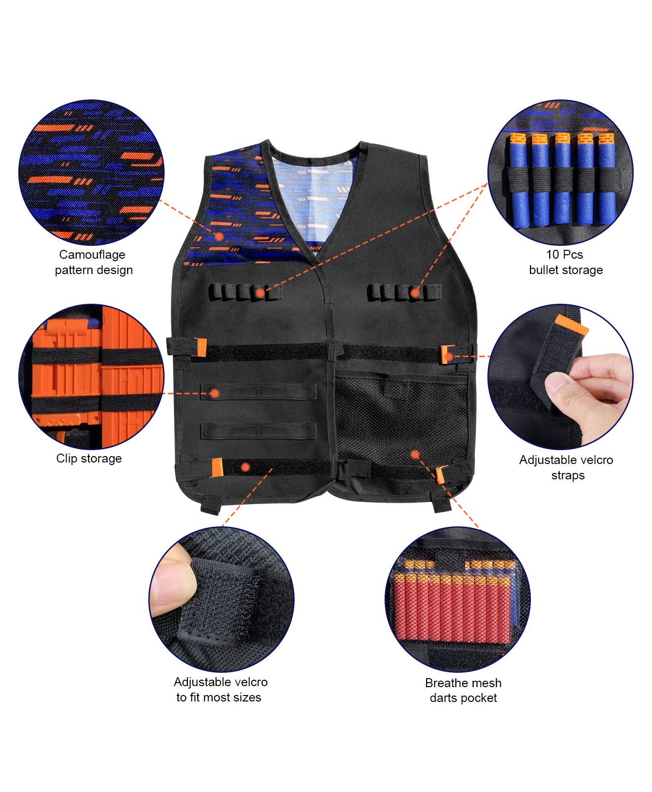 INKERSCOOP Kinder Tactical Vest, Adjustable Tactical Vest für Nerf Spielzeug-Gewehr N-Strike Elite-Serie mit 60 Darts + Schutzbrille + 3 Schnell Reload Clips + 2 Hand Wrist Band + Gesichts Mask