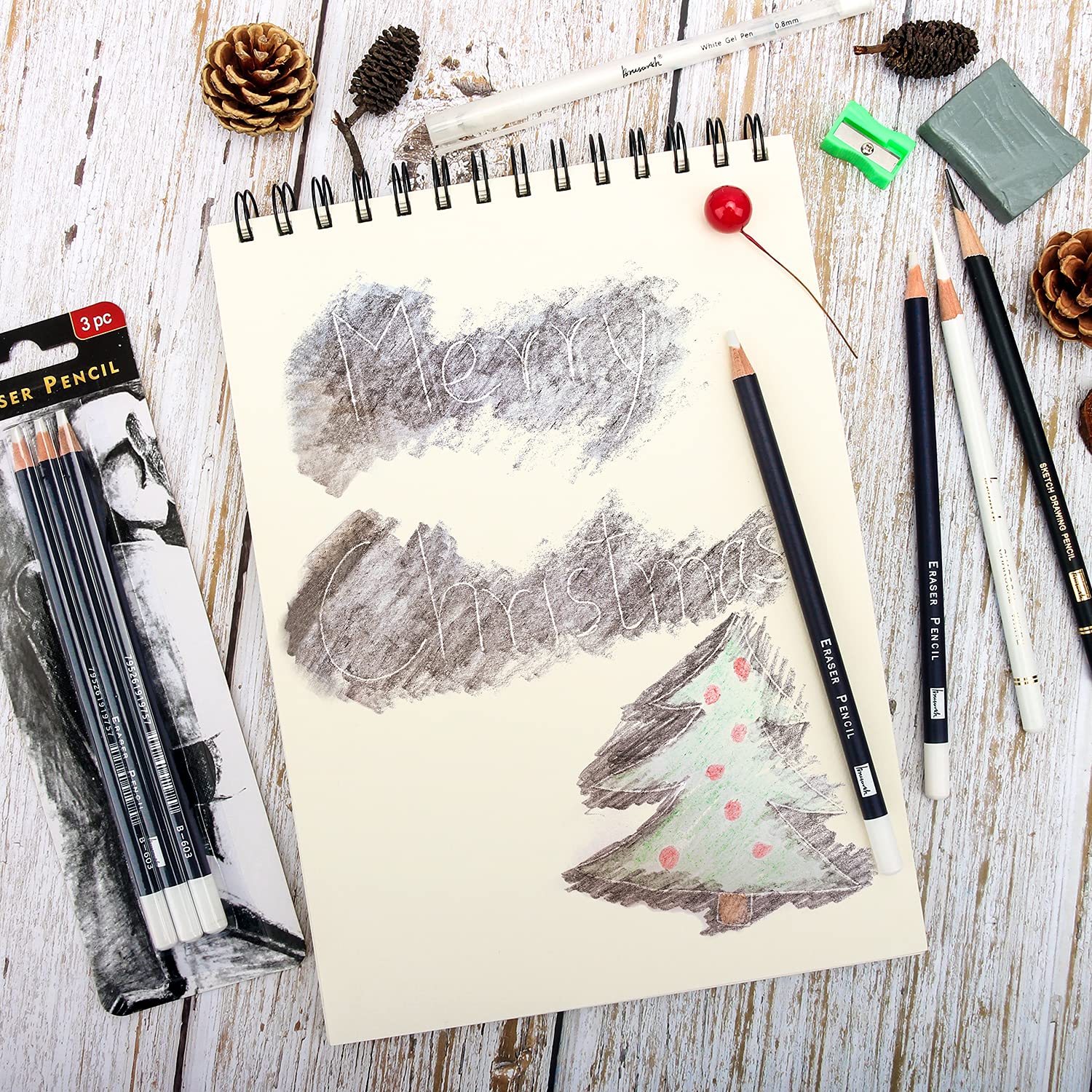 Brusarth 3pc Eraser Set - Fine Detail Eraser for Sketching, Charcoal Drawings & Colored Pencils