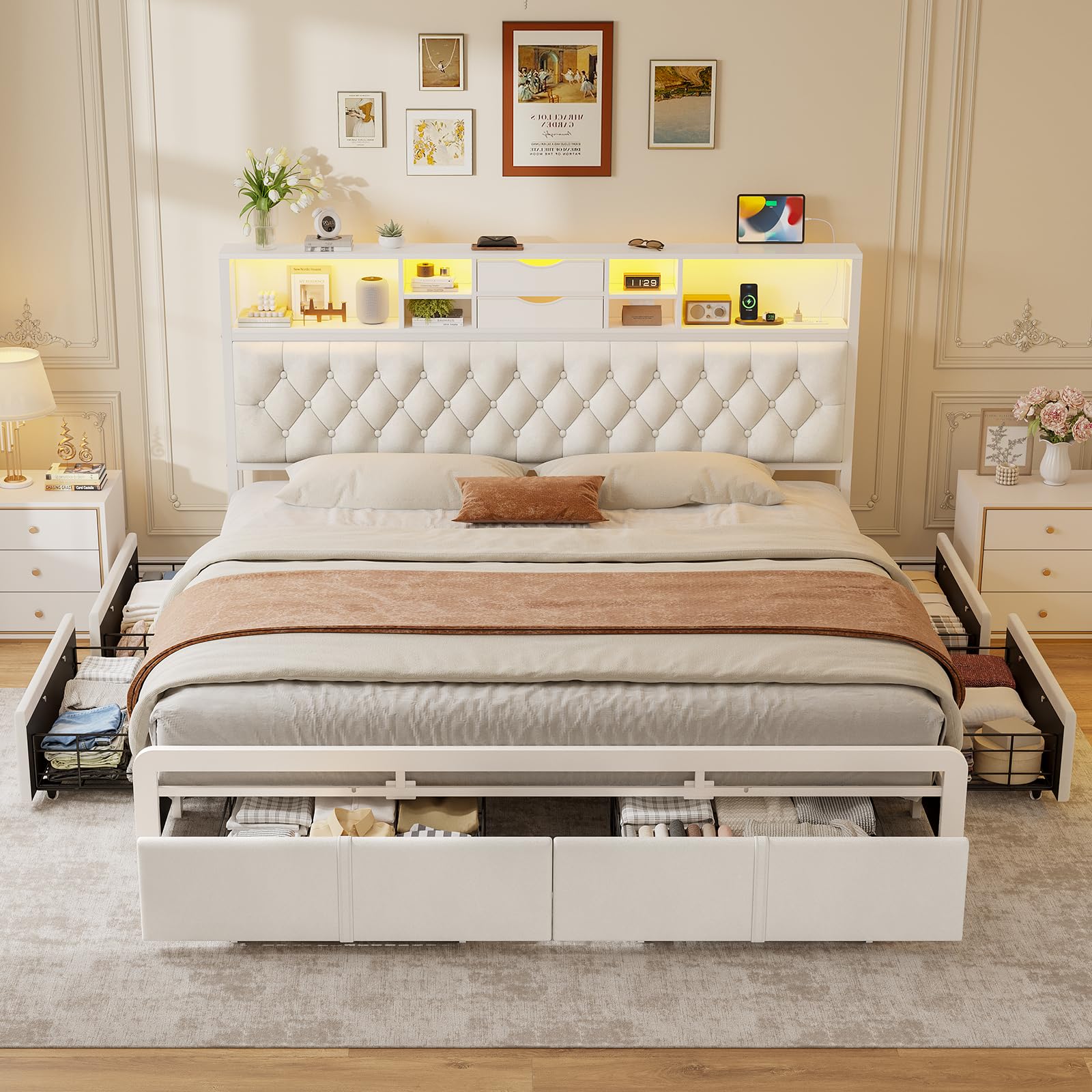Photo 1 of ***SIMILAR PRODUCT***BTHFST King Size Bed Frame with 6 Storage Drawers and Headboard, Velvet Upholstered King Platform Bed with LED Lights & Charging Station, No Noise, No Box Spring Needed, Easy Assembly, Beige