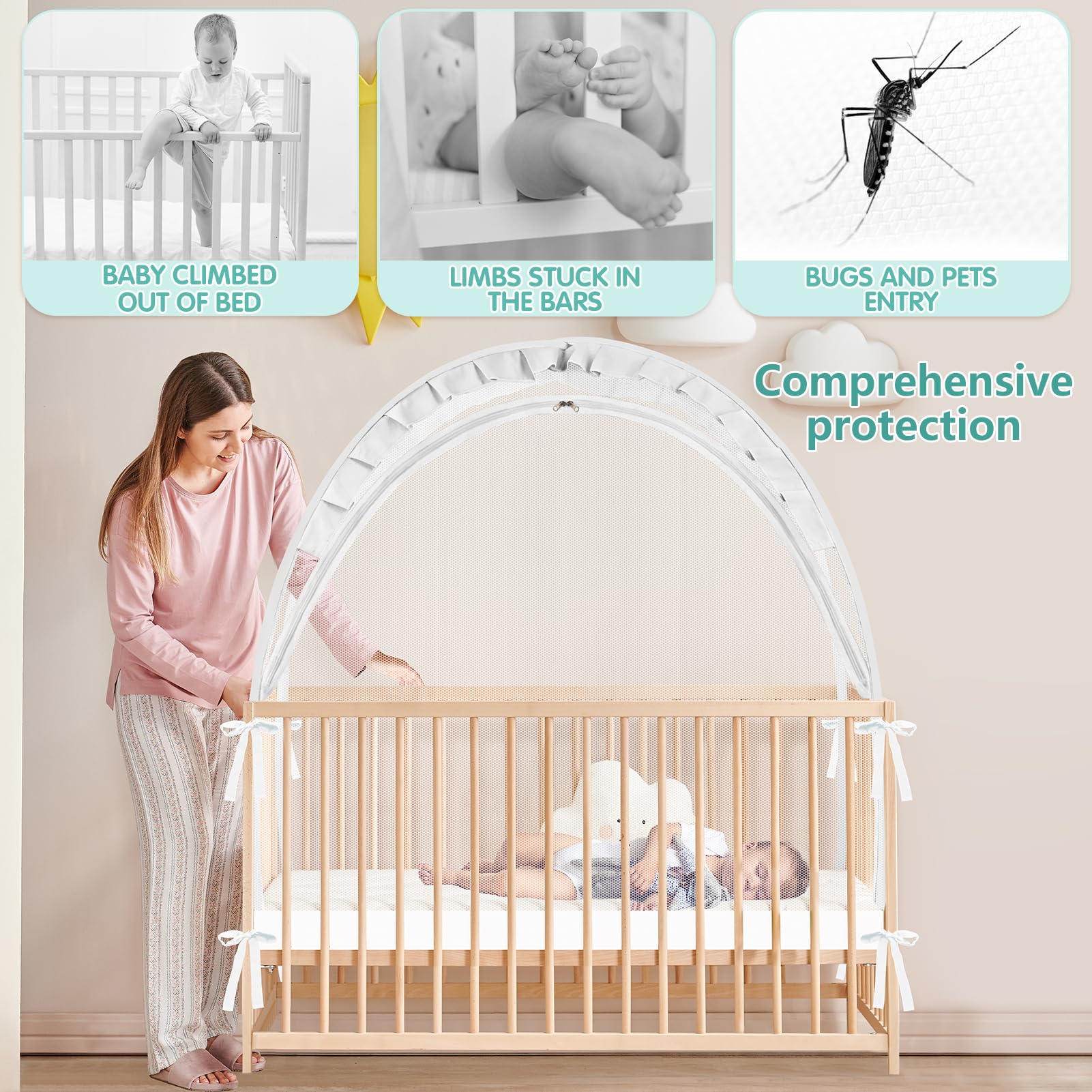 Crib Tent - Crib Net to Keep Baby in, Stop Baby from Climbing Out of Crib, Pop Up Crib Tent with Durable Breathable Net Double Zipper Strong Rods Installation Convenience