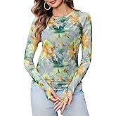 Totatuit Women Floral Mesh Long Sleeve Top Crewneck Double Lined Fitted Basic Shirts with Thumb Holes Going Out Tops