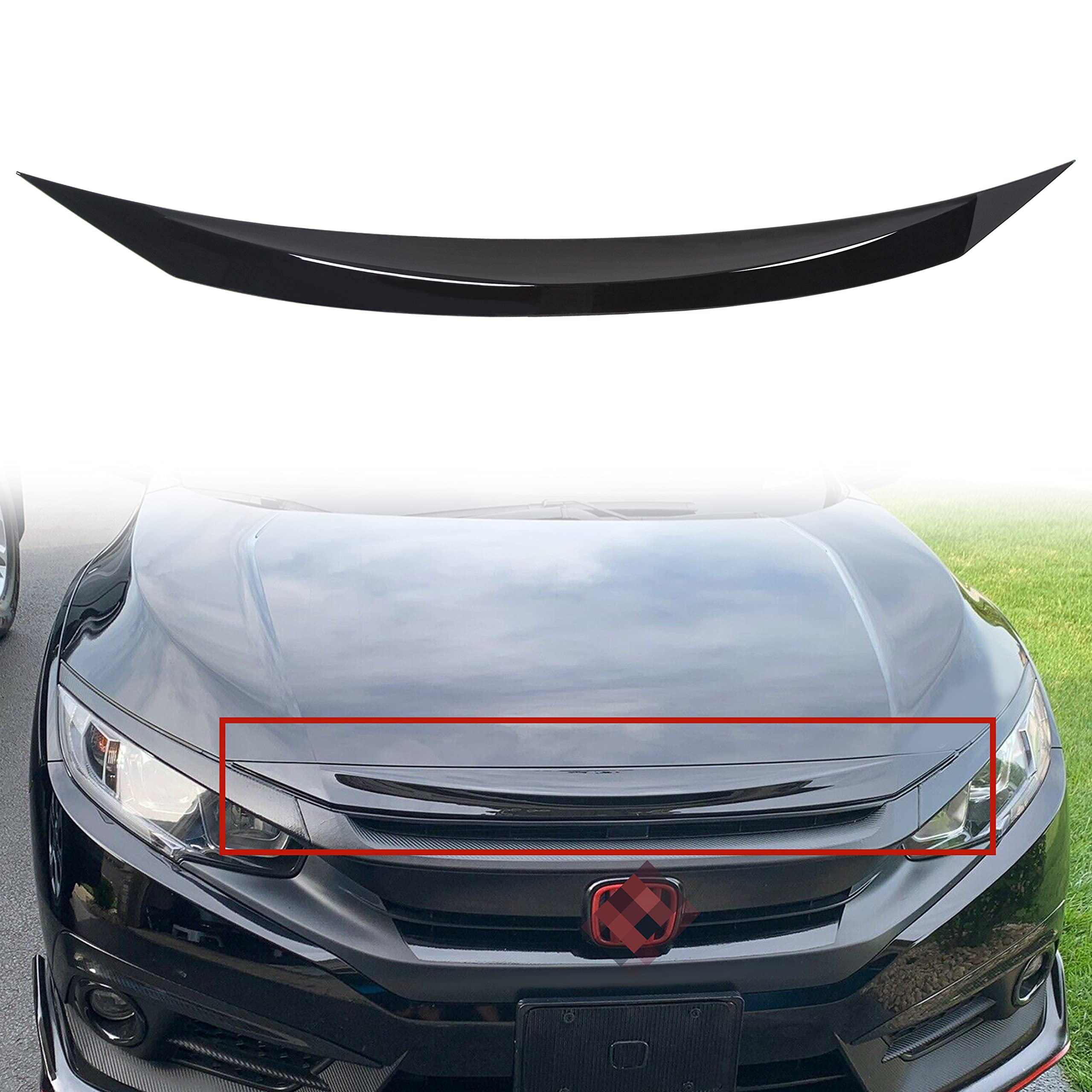 Photo 1 of ECOTRIC Front Hood Bumper Upper Trim Nose Cover Compatible with 2016-2021 Honda Civic 10th Gen Si Hatchback Coupe Sedan Glossy Black Front Hood Bonnet Cover Trim Protector