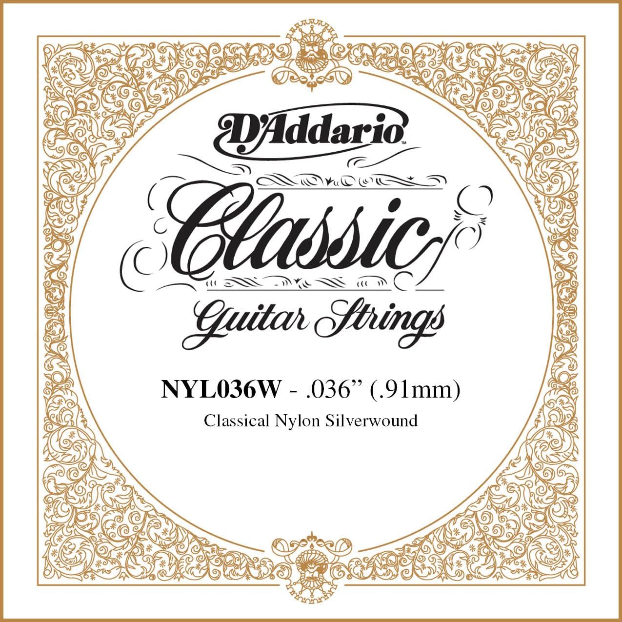 D'Addario NYL036W .036 Silver Plated Copper Single String for Classical Guitar, 0.036