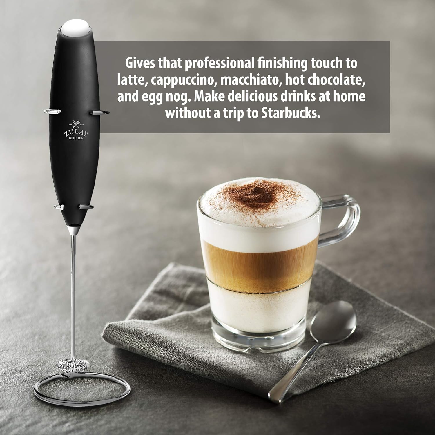 Zulay Original Milk Frother Handheld Foam Maker for Lattes - Whisk Drink Mixer for Coffee, Mini Foamer for Cappuccino, Frappe, Matcha, Hot Chocolate by Milk Boss (Black): Kitchen & Dining