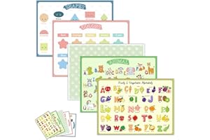 CARTACHIC Disposable Placemats for Baby & Toddlers – Sticky Table Mats for Restaurants, Dining Table, Preschool & Parties – 5 Fun Designs Animal, Fruit, Alphabet, Star & Shape – 40-Pack, 12x16 Inches