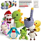YOKISS 8Pcs Beginner Crochet Starter Kit, Creative Birthday Gifts for Adults &amp; Kids, Popular DIY Patterns, 40% Extra Yarn Crochet Animals Kits with Step-by-Step Video Tutorials