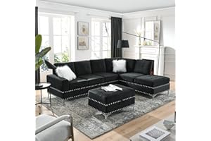 Olodumare Living Room Furniture Sets,L-Shape Sectional 3-Seater Sofa with Extra Wide Reversible Chaise, Storage Ottoman and Cup Holders and Copper Nails,2 Pillows,Black