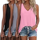 Riyiper 3 Pack Women's V Neck Tank Tops Loose Fit Sleeveless T Shirts Casual Tunic Tank Summer Beach Vacation Clothes