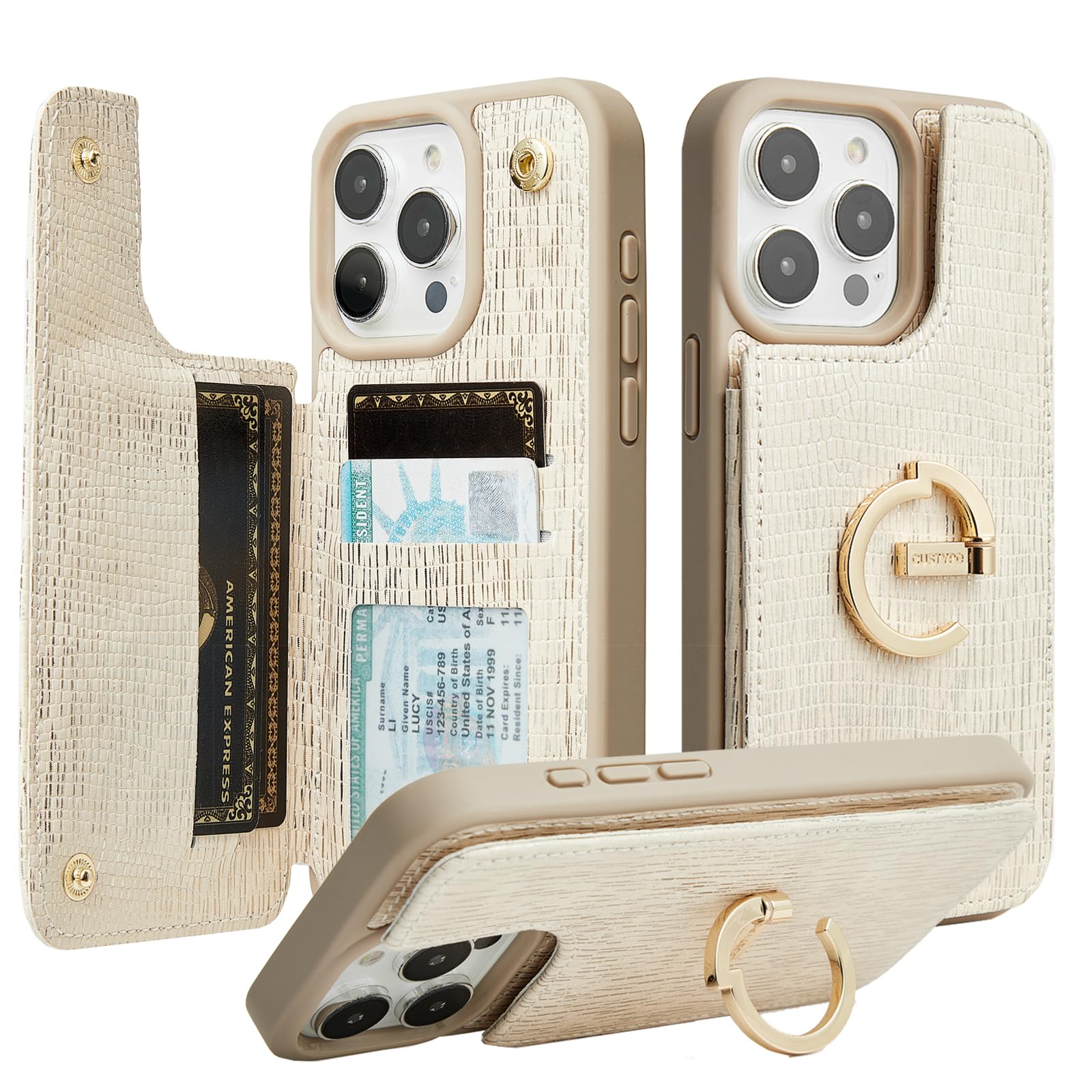 CUSTYPE for iPhone 16 Pro Max Wallet Case with Card Holder,Bling Leather Case 180°Ring Holder Kickstand Card Slots Case for Women for iPhone 16 Pro Max 6.9inch-Nude