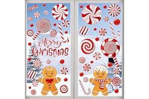 AhfuLife 73Pcs Christmas Window Clings, Red Xmas Gingerbread Man Candy Window Stickers for Christmas Decorations, Reusable Double Sided Xmas Candy Stickers for Home Party Indoor Decorations