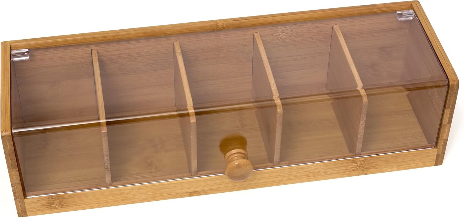 Lipper International 8187 Bamboo Wood and Acrylic Tea Box with 5 Sections, 14" x 5" x 3-3/4": Home & Kitchen