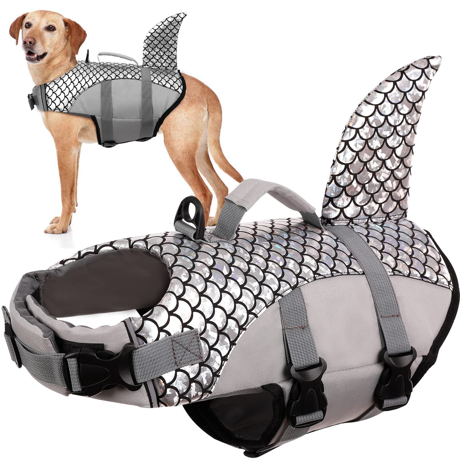 Dog Life Jacket Vest, Dog Floatation Vest Puppy Lifesaver Preserver Swimsuit Swimming Rescue Device Buoyancy Aid for Small Medium and Large Dogs(Grey, XL)