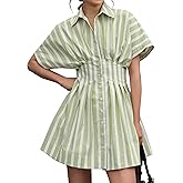 synound Women’s Button Front Down Pleated Shirt Dress Summer Casual Striped Short Sleeve Blouse Mini Dresses