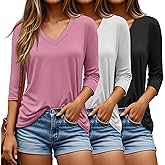 Riyiper 3 Pack V Neck 3/4 Sleeve Tops for Women Dressy Casual Loose Fit T Shirts Trendy Basic Tunic Tees