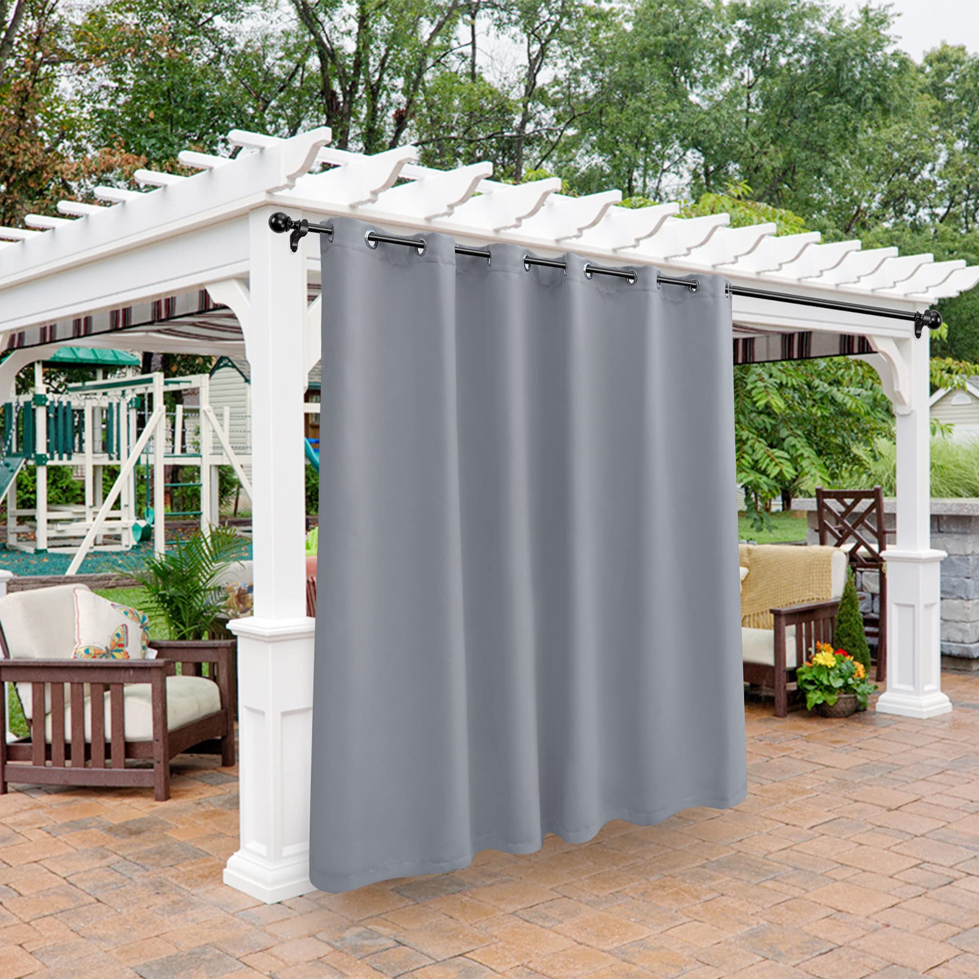 BONZER Outdoor Curtains for Patio Waterproof - Light Blocking Weather Resistant Privacy Grommet Blackout Curtains for Gazebo, Porch, Pergola, Cabana, Deck, Sunroom, 1 Panel, 100W x 84L inch, Silver