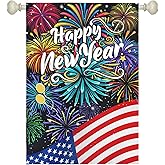 Dacawin Happy New Year Garden Flag New Year Eve House Banner Double Sided American Flag Fireworks Wall Banners Balloon Holiday Celebration Party Yard Flags for Winter Festival Greetting 28 x 40 Inch