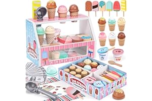 TOYSSA Wooden Ice Cream Toys Kids Kitchen Play Store for Toddlers Girls, Play Kitchen Accessories with Scoop & Menu & Fake Money, Wooden Toys for 3 4 5 Year Old Girls Boys Birthday