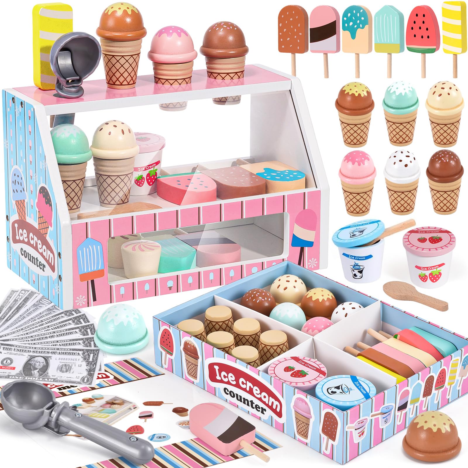 Wooden Ice Cream Play Set - Pretend Play Store With Counter & Menu For Kids 3-5