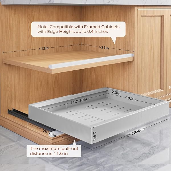 SEINLOES 2 PACK PULL OUT CABINET ORGANIZERS 21″DEEP WITH RAISING PAD FOR FRAMED CABINETS,EXPANDABLE SLIDE OUT DRAWERS UPGRADE 3 SLIDE RAILS,ROLL OUT SHELVES ADHESIVE,ADJUSTABLE WIDTH 12″-20.45″ SILVER