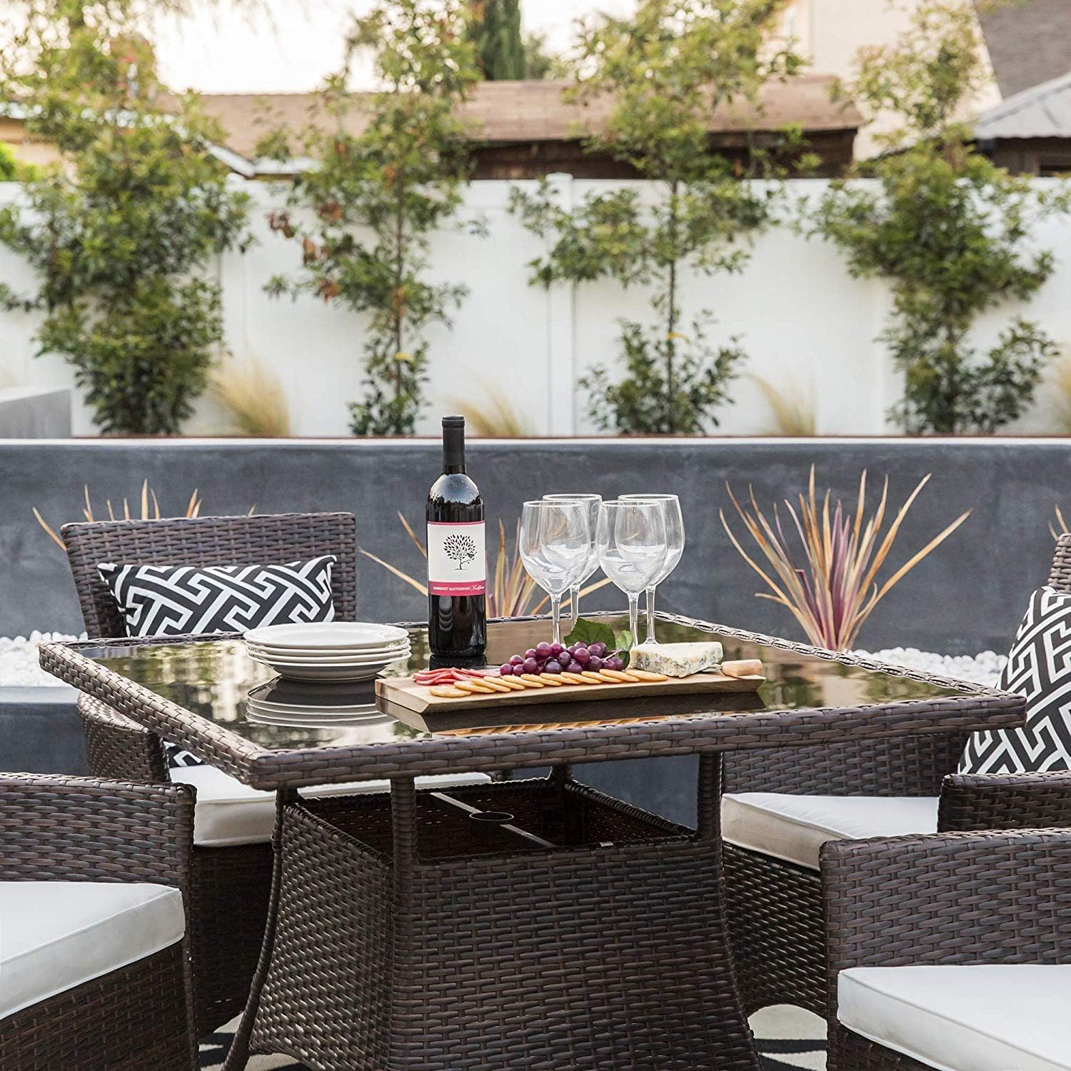 OAKVILLE FURNITURE 61205 5-Piece Patio Set Square Glass Top Dining Table with Standard Umbrella Hole 4 Outdoor Chairs, Brown Wicker, Beige Cushion: Garden & Outdoor