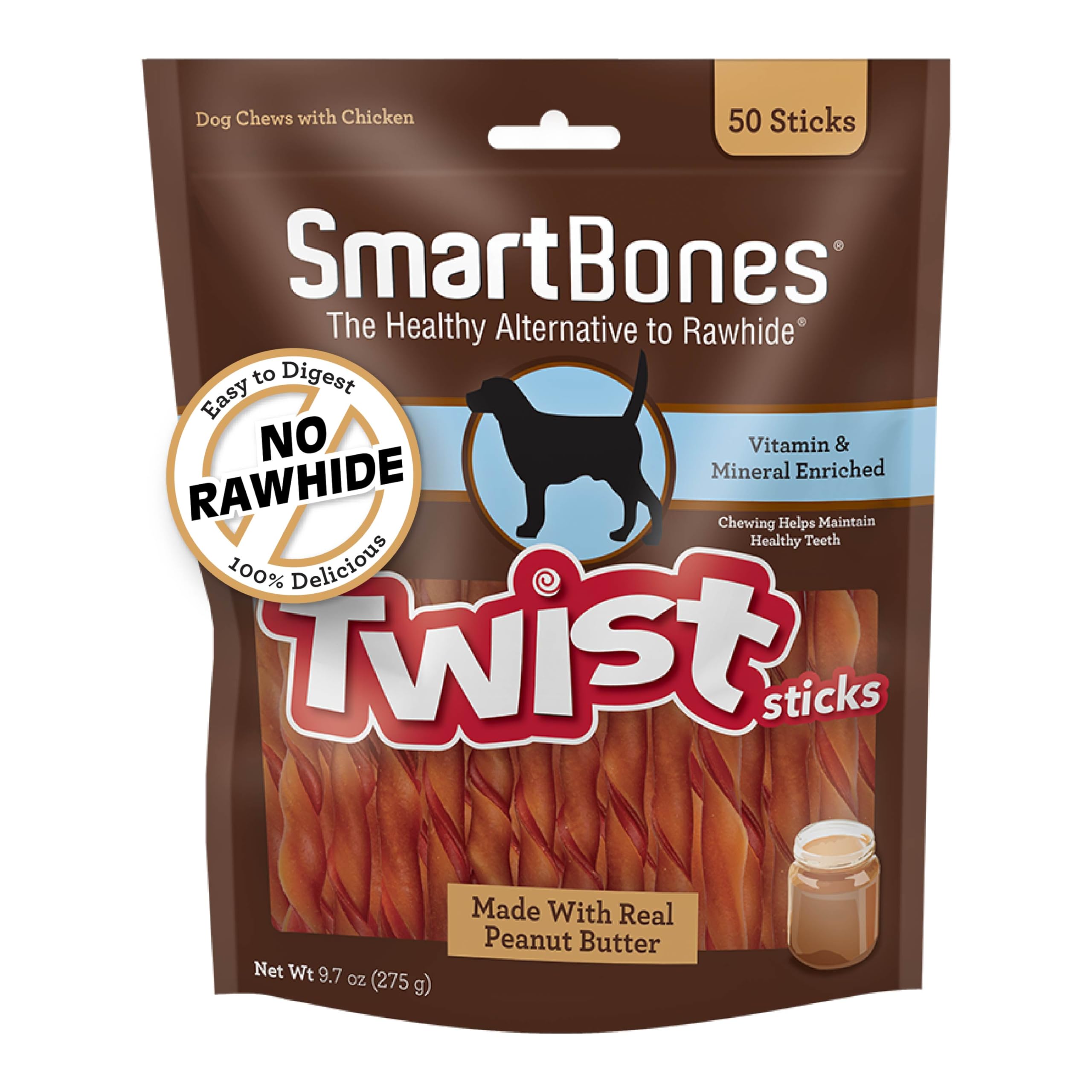 SmartBones Smart Twist Sticks With Peanut Butter 50 Count, Rawhide-Free Chews For Dogs, SBTT-02943, 50-count